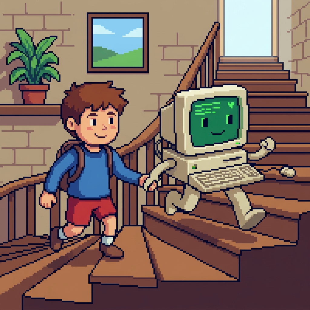 Pixel art of a boy holding hands with a smiling anthropomorphic computer walking down stairs indoors